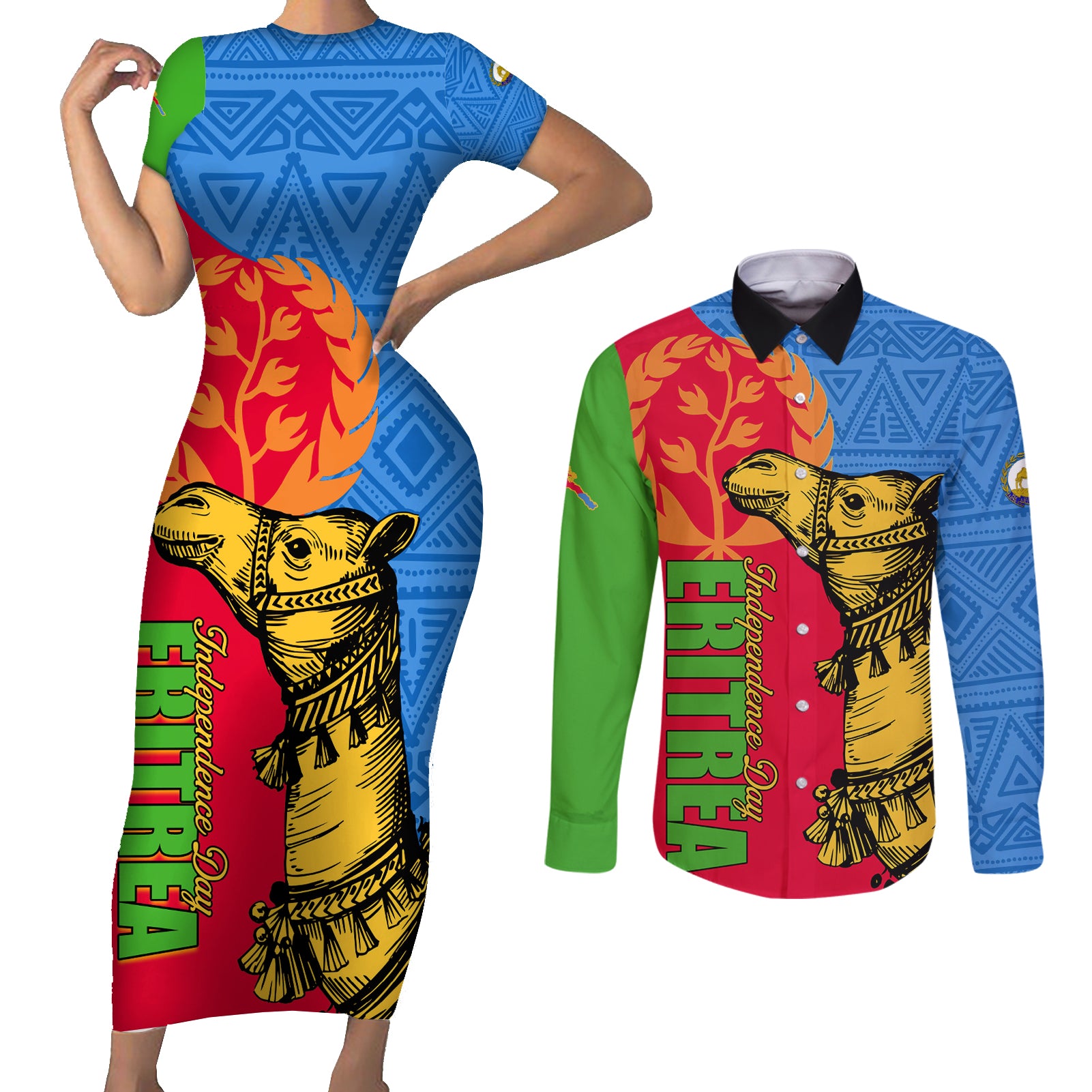 Eritrea Independence Day 2024 Couples Matching Short Sleeve Bodycon Dress and Long Sleeve Button Shirt Eritrean Camel African Pattern - Wonder Print Shop