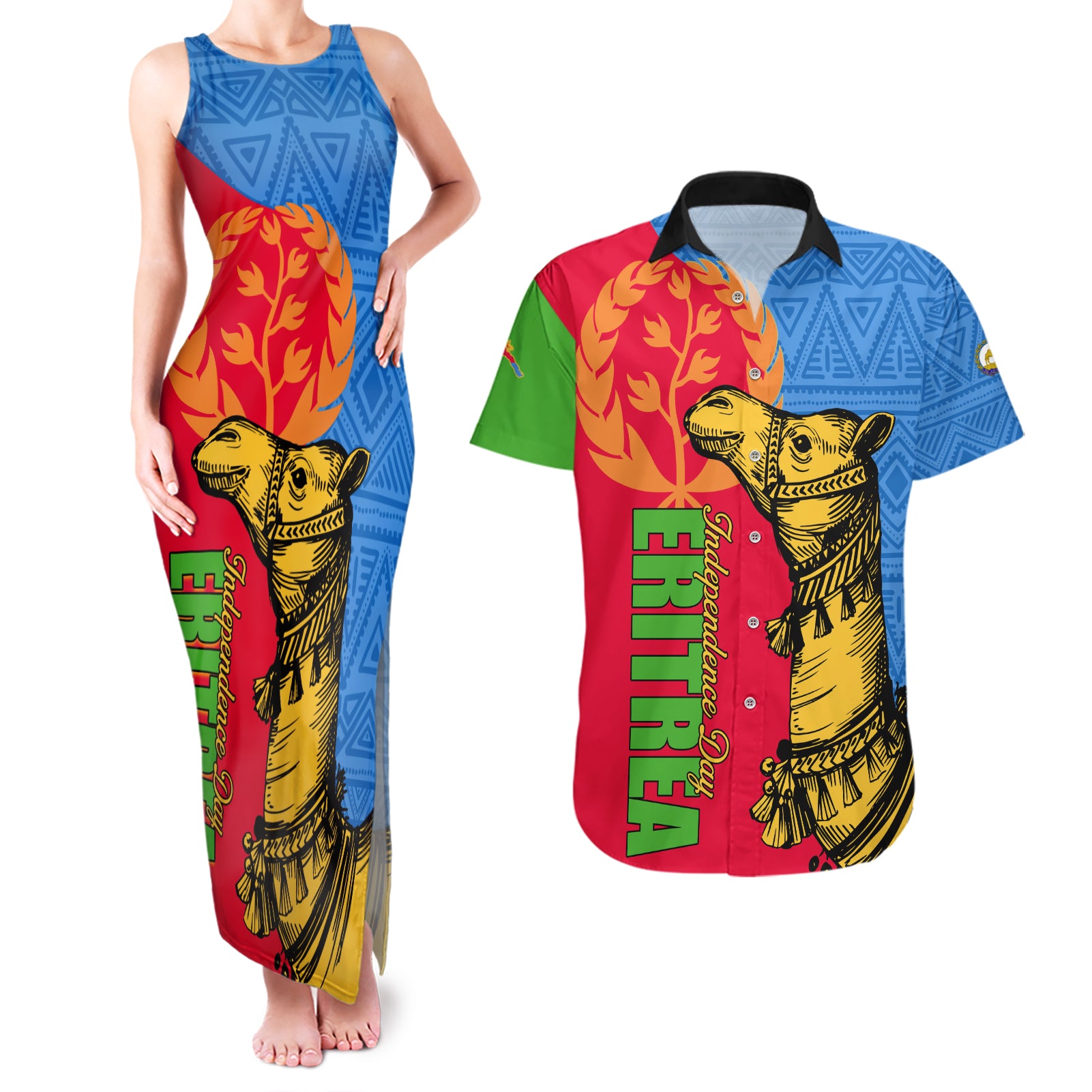 Eritrea Independence Day 2024 Couples Matching Tank Maxi Dress and Hawaiian Shirt Eritrean Camel African Pattern - Wonder Print Shop