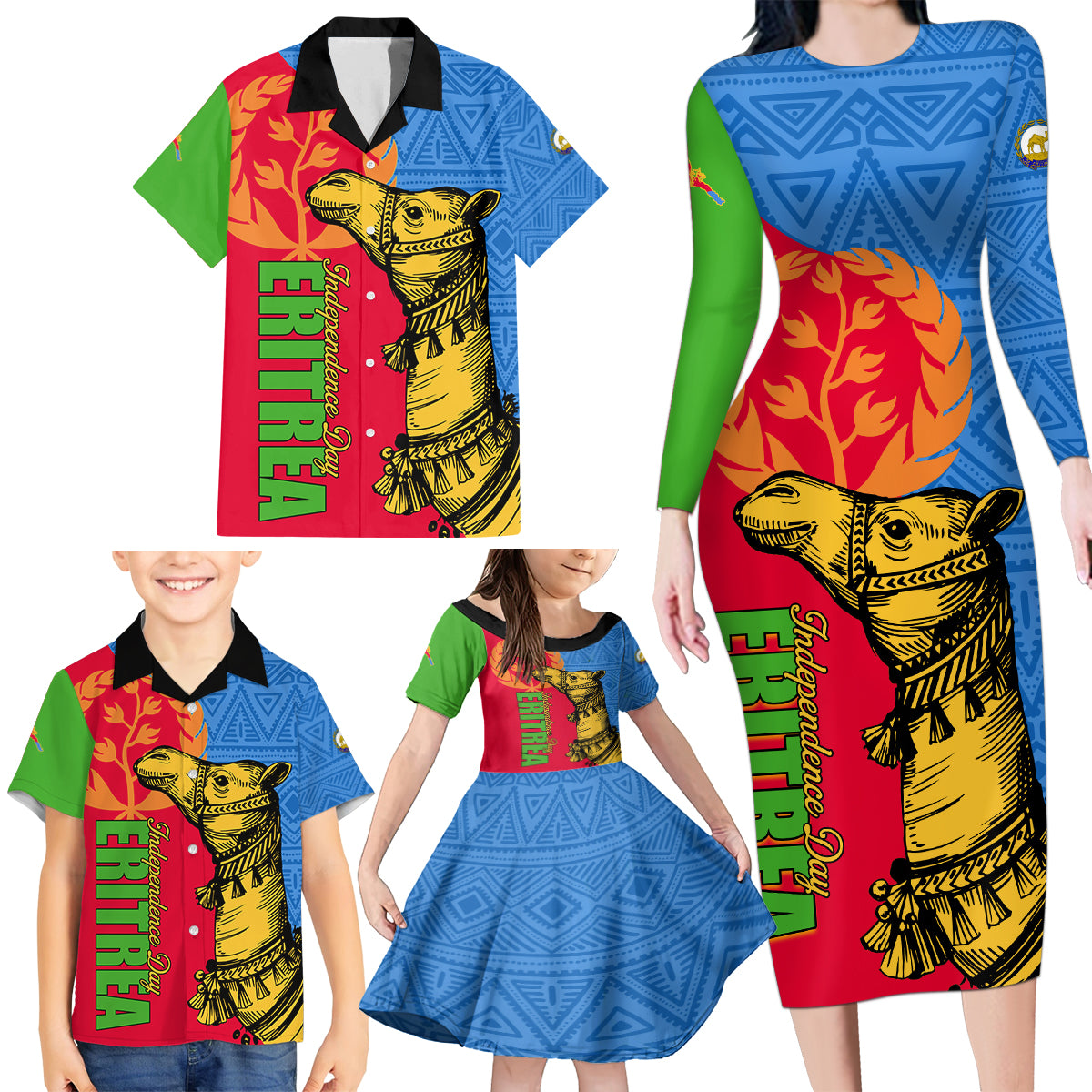 Eritrea Independence Day 2024 Family Matching Long Sleeve Bodycon Dress and Hawaiian Shirt Eritrean Camel African Pattern - Wonder Print Shop