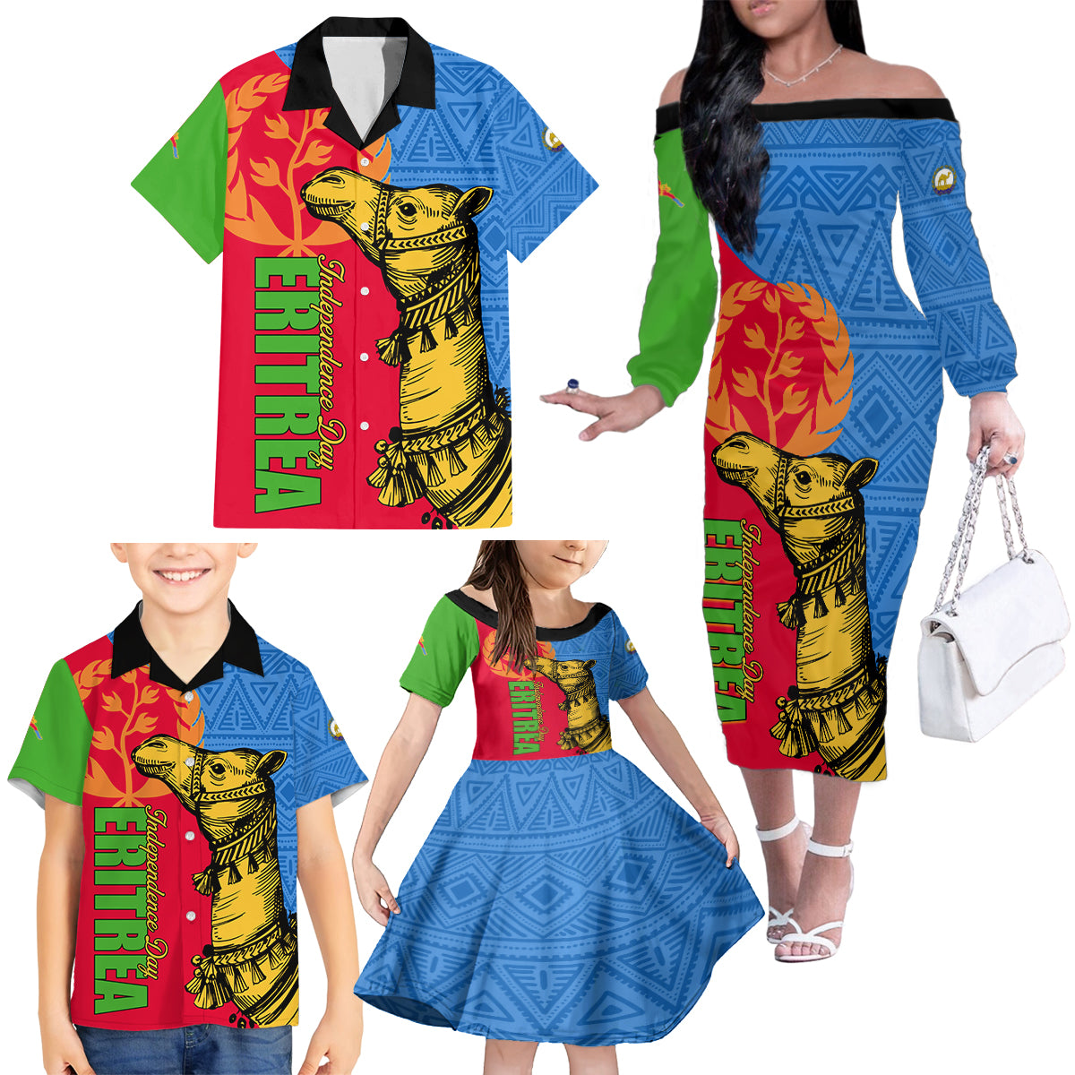 Eritrea Independence Day 2024 Family Matching Off Shoulder Long Sleeve Dress and Hawaiian Shirt Eritrean Camel African Pattern