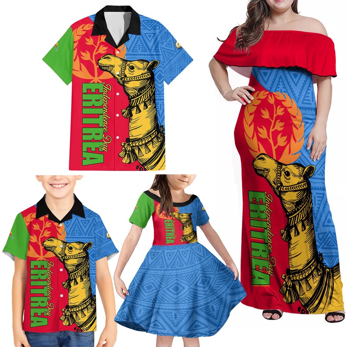 Eritrea Independence Day 2024 Family Matching Off Shoulder Maxi Dress and Hawaiian Shirt Eritrean Camel African Pattern - Wonder Print Shop