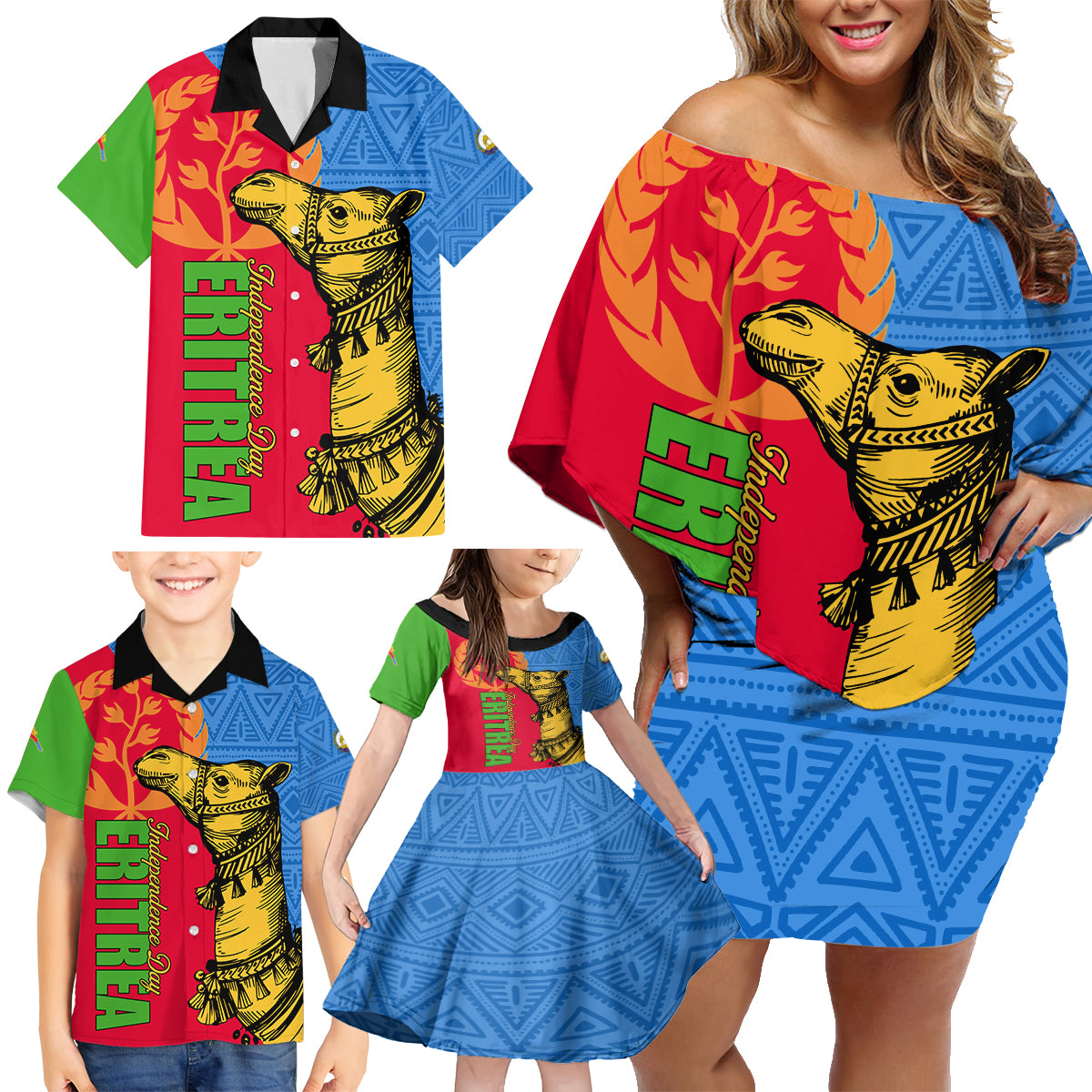 Eritrea Independence Day 2024 Family Matching Off Shoulder Short Dress and Hawaiian Shirt Eritrean Camel African Pattern