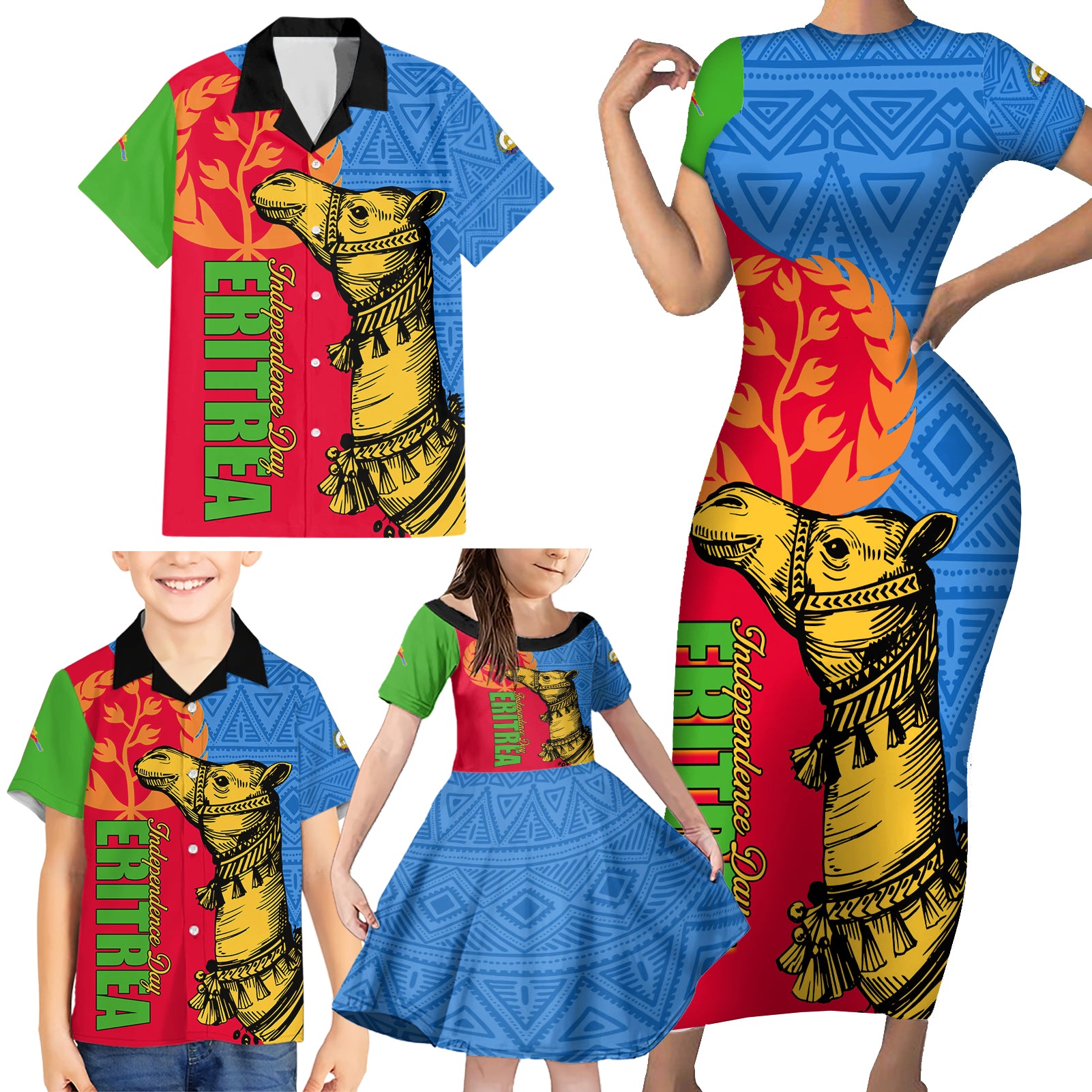 Eritrea Independence Day 2024 Family Matching Short Sleeve Bodycon Dress and Hawaiian Shirt Eritrean Camel African Pattern - Wonder Print Shop