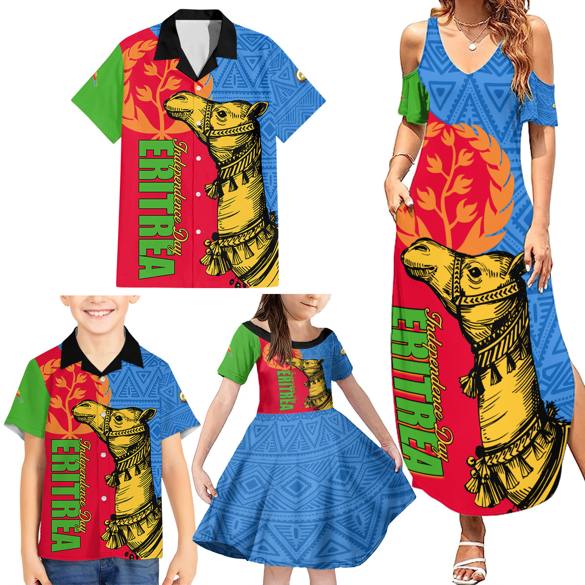 Eritrea Independence Day 2024 Family Matching Summer Maxi Dress and Hawaiian Shirt Eritrean Camel African Pattern - Wonder Print Shop