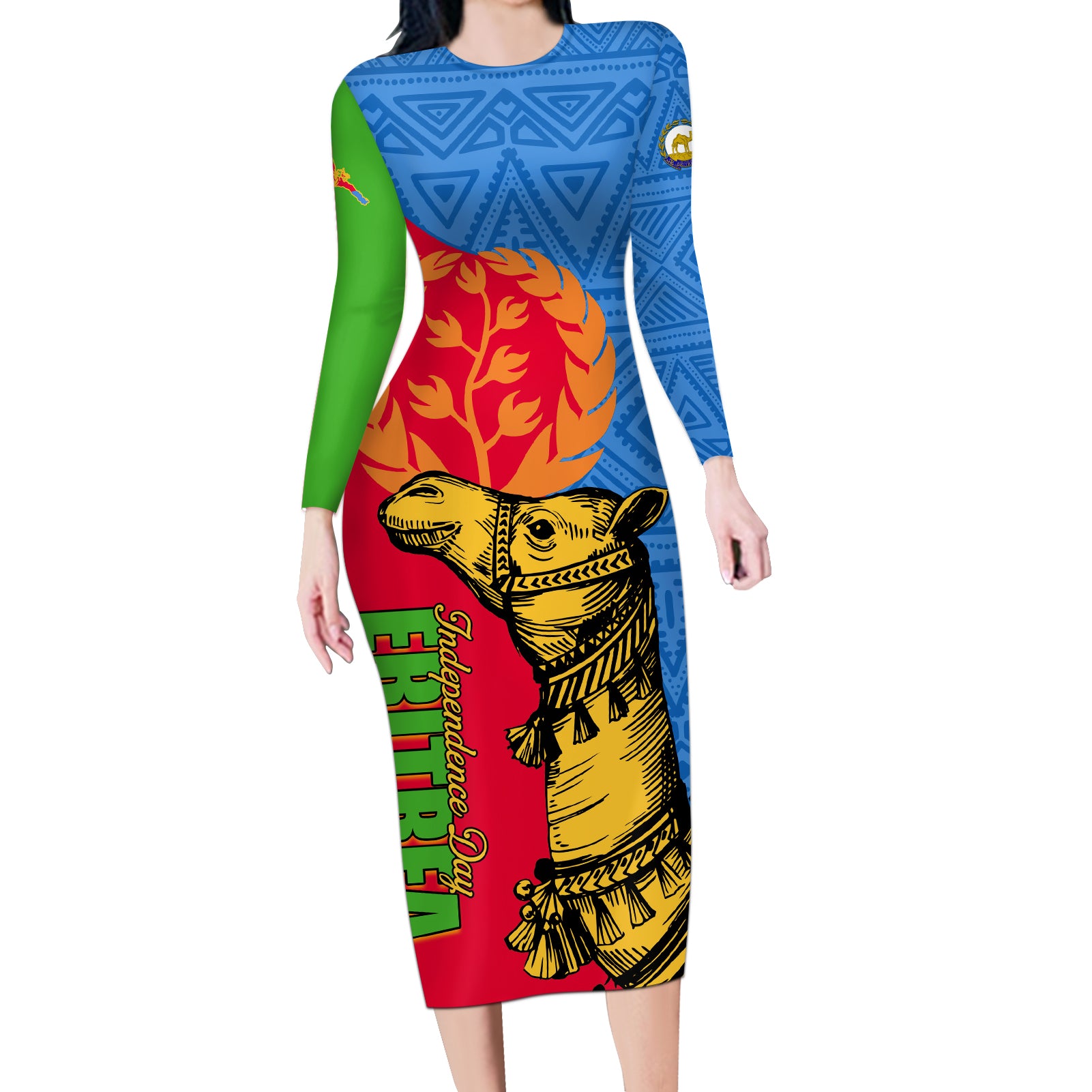 Eritrea Independence Day 2024 Long Sleeve Bodycon Dress Eritrean Camel African Pattern - Wonder Print Shop