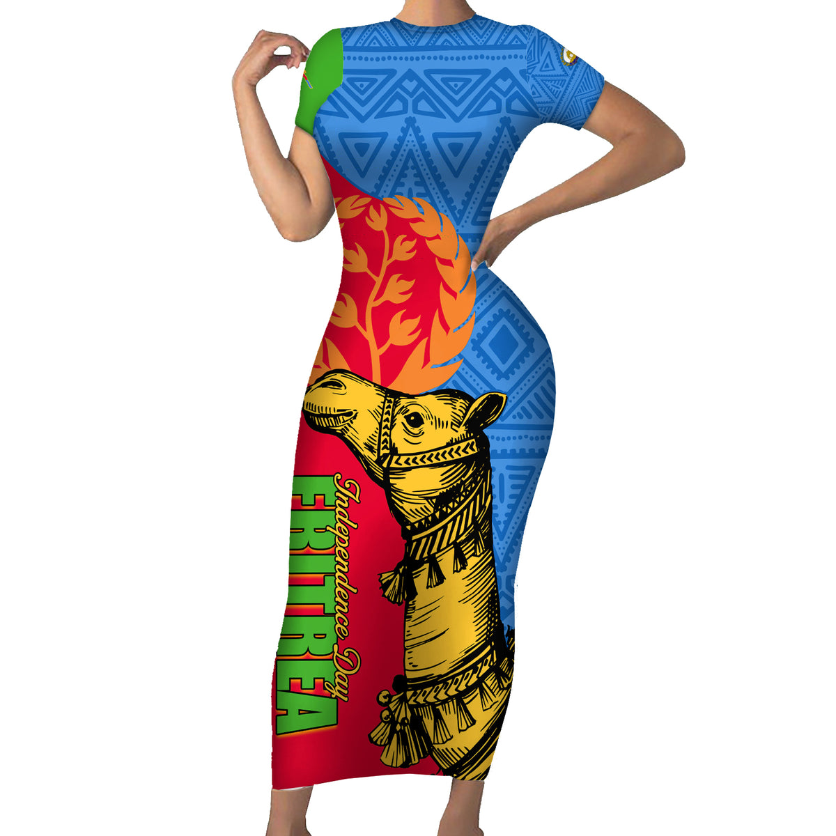 Eritrea Independence Day 2024 Short Sleeve Bodycon Dress Eritrean Camel African Pattern - Wonder Print Shop