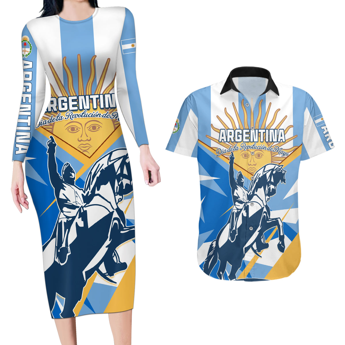 Argentina Revolution Day Couples Matching Long Sleeve Bodycon Dress and Hawaiian Shirt Sol de Mayo Warrior - Wonder Print Shop