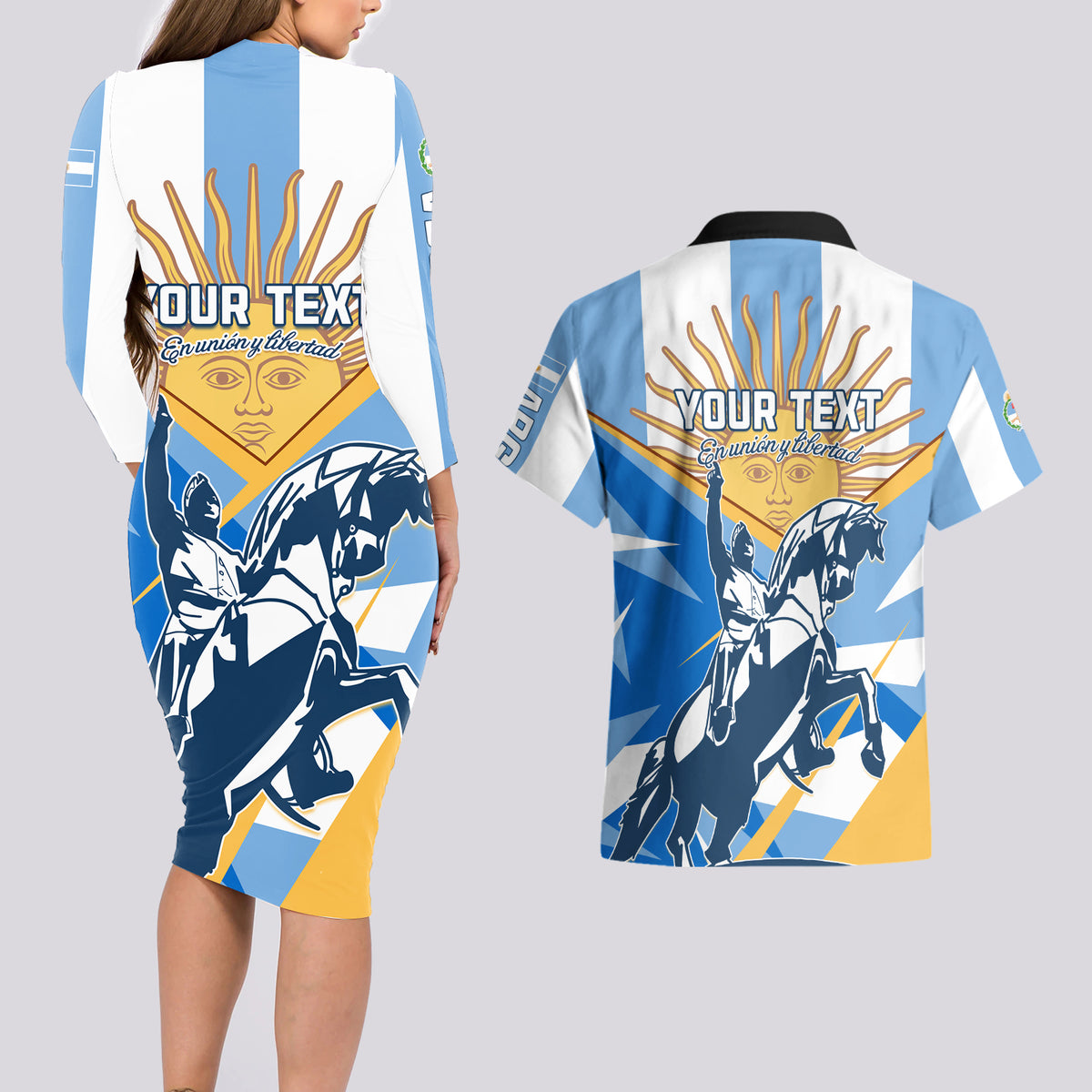 Argentina Revolution Day Couples Matching Long Sleeve Bodycon Dress and Hawaiian Shirt Sol de Mayo Warrior - Wonder Print Shop