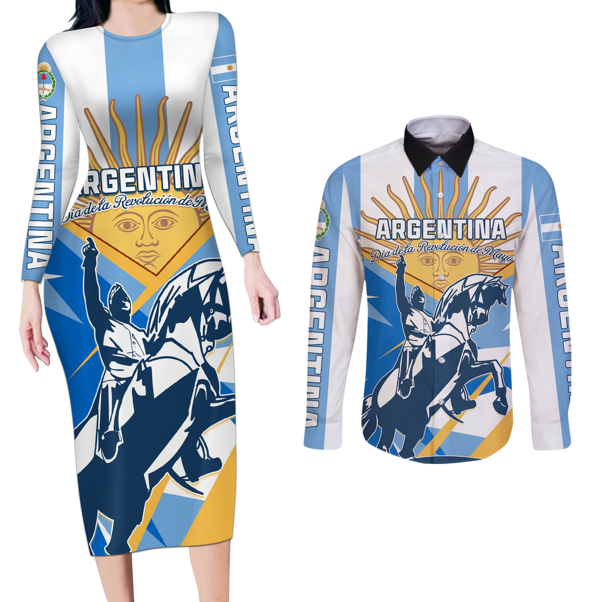 Argentina Revolution Day Couples Matching Long Sleeve Bodycon Dress and Long Sleeve Button Shirt Sol de Mayo Warrior - Wonder Print Shop