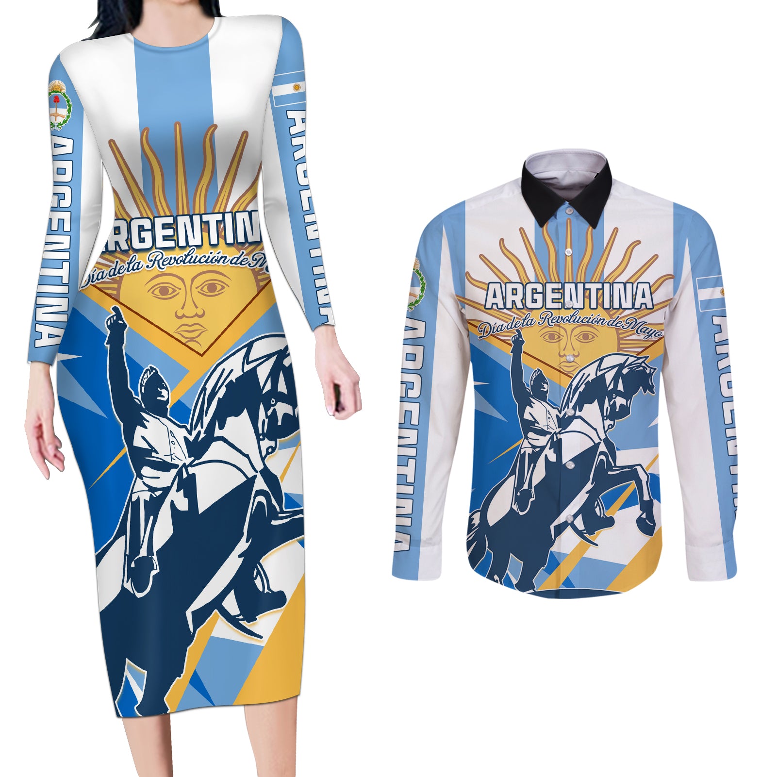 Argentina Revolution Day Couples Matching Long Sleeve Bodycon Dress and Long Sleeve Button Shirt Sol de Mayo Warrior