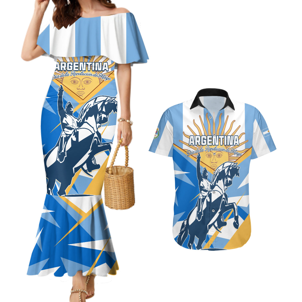 Argentina Revolution Day Couples Matching Mermaid Dress and Hawaiian Shirt Sol de Mayo Warrior - Wonder Print Shop