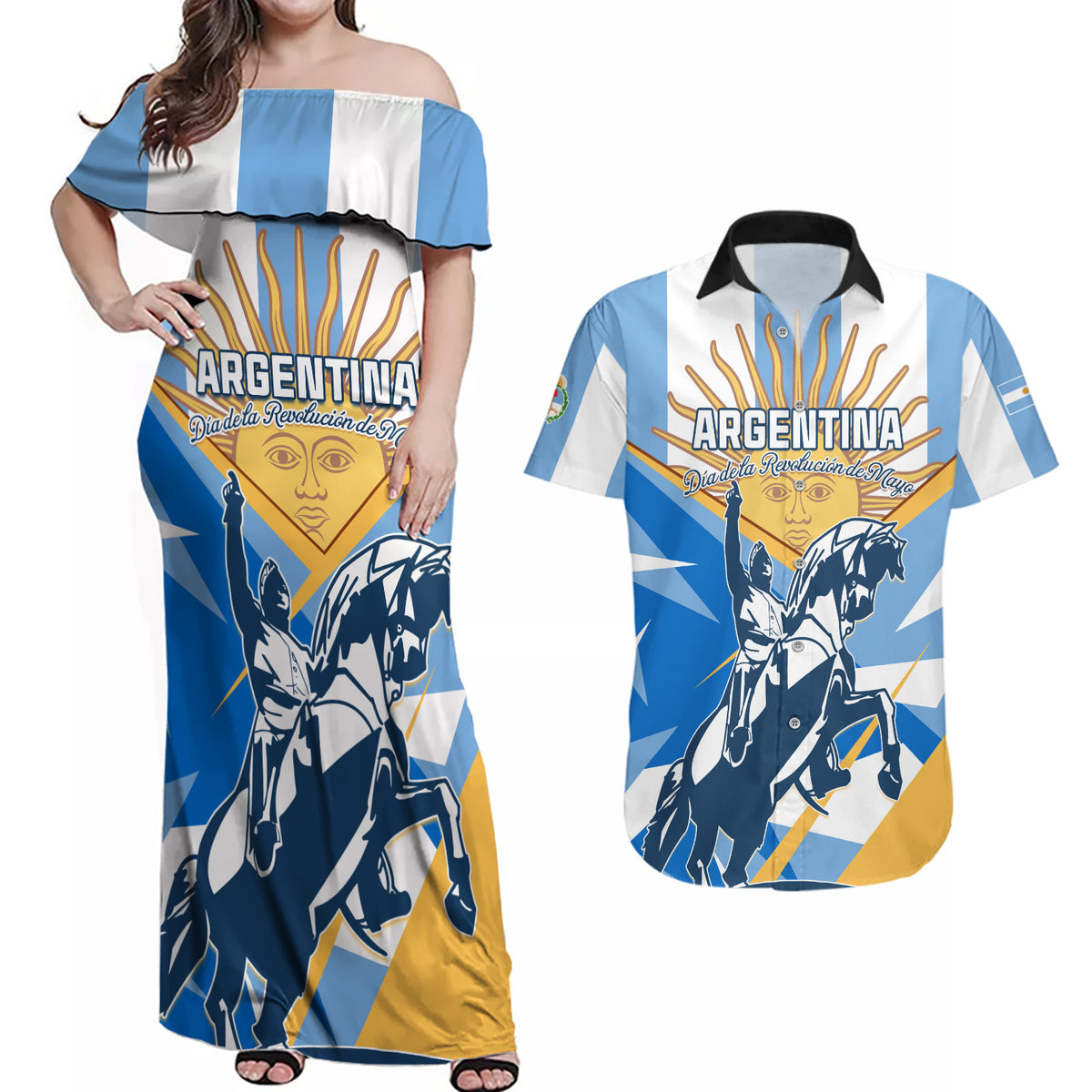 Argentina Revolution Day Couples Matching Off Shoulder Maxi Dress and Hawaiian Shirt Sol de Mayo Warrior - Wonder Print Shop