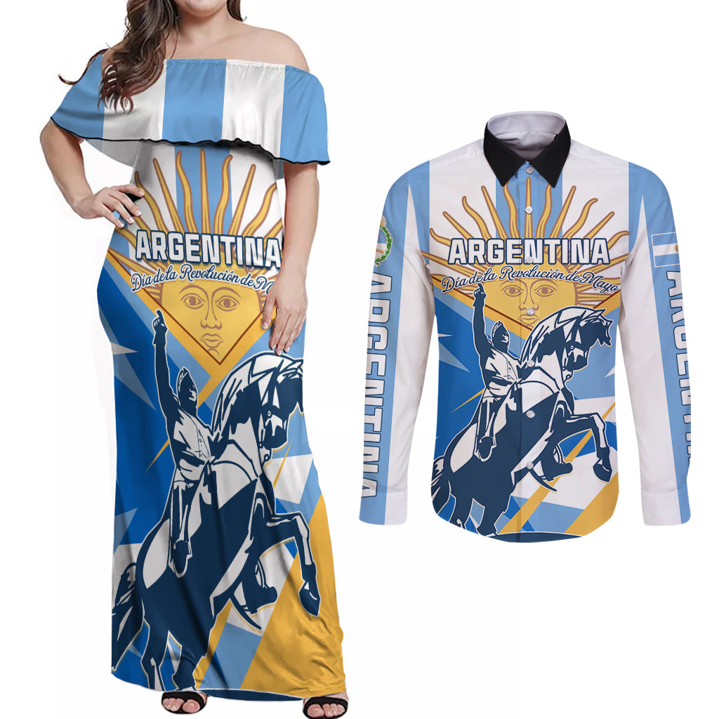 Argentina Revolution Day Couples Matching Off Shoulder Maxi Dress and Long Sleeve Button Shirt Sol de Mayo Warrior