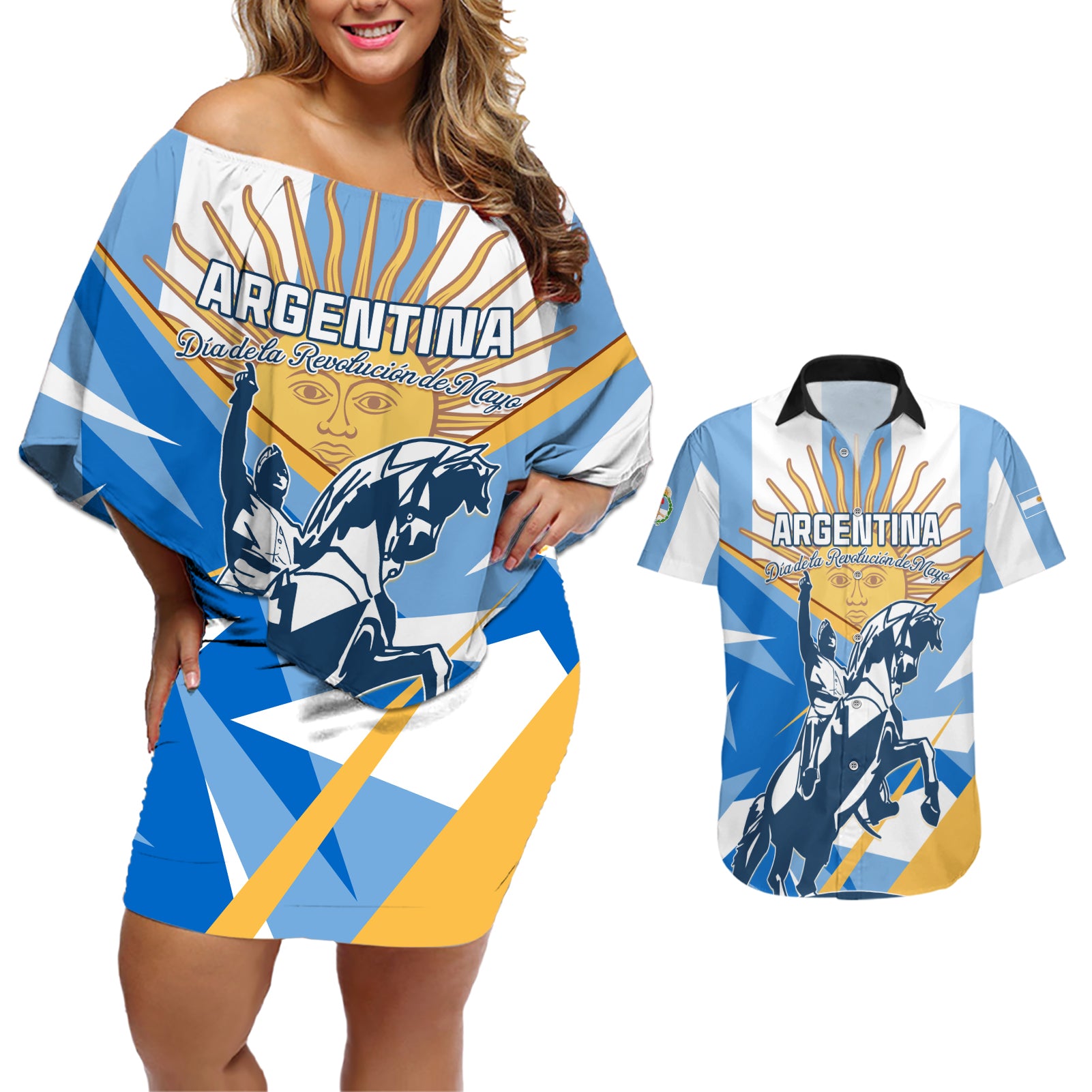 Argentina Revolution Day Couples Matching Off Shoulder Short Dress and Hawaiian Shirt Sol de Mayo Warrior - Wonder Print Shop