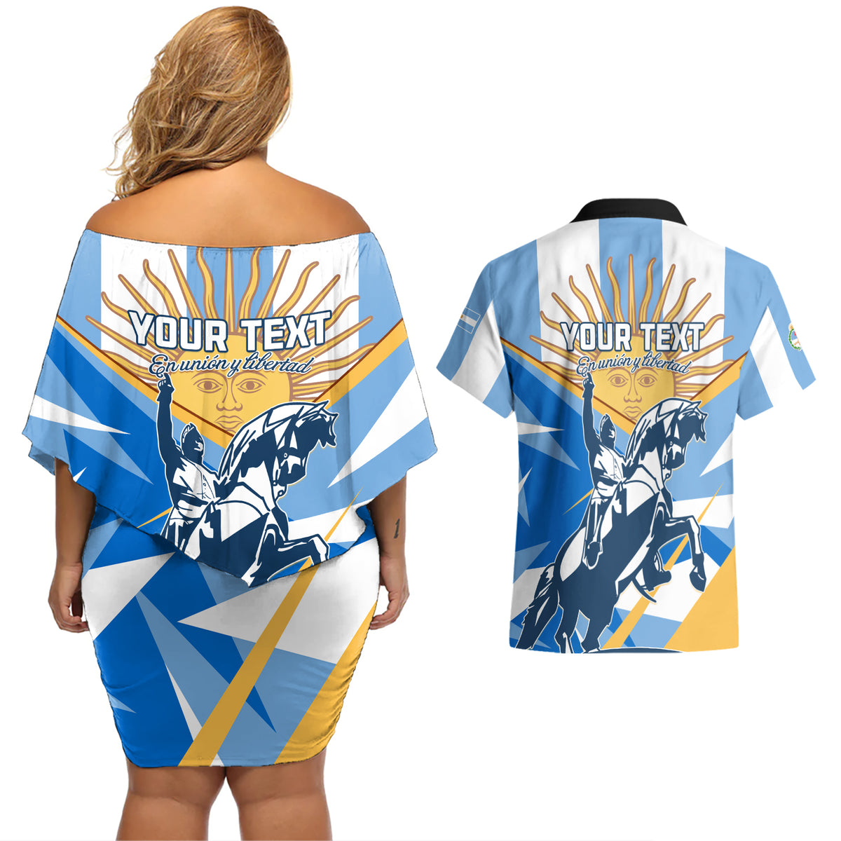 Argentina Revolution Day Couples Matching Off Shoulder Short Dress and Hawaiian Shirt Sol de Mayo Warrior - Wonder Print Shop