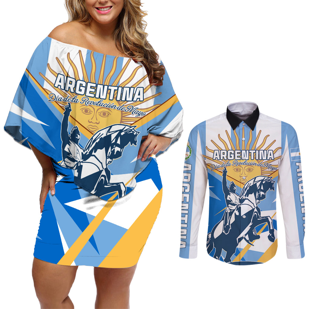 Argentina Revolution Day Couples Matching Off Shoulder Short Dress and Long Sleeve Button Shirt Sol de Mayo Warrior