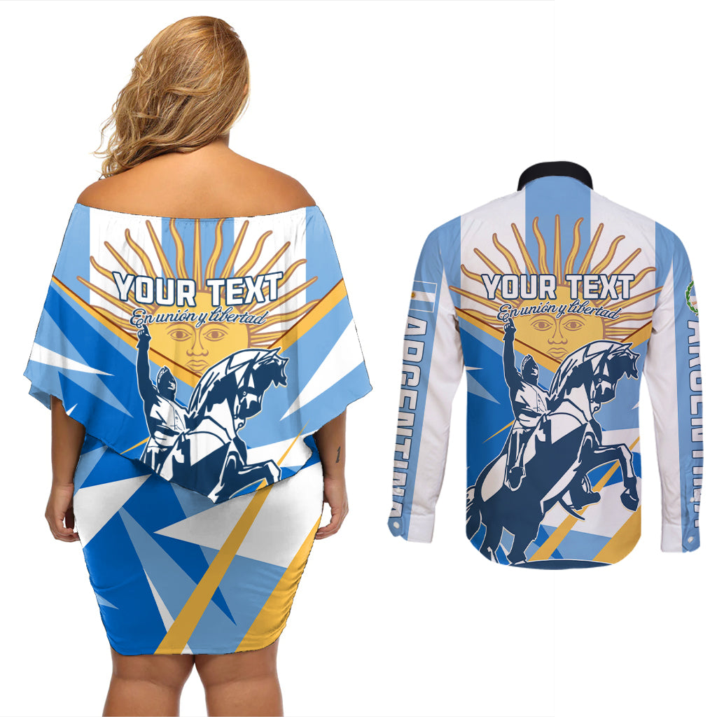 Argentina Revolution Day Couples Matching Off Shoulder Short Dress and Long Sleeve Button Shirt Sol de Mayo Warrior - Wonder Print Shop