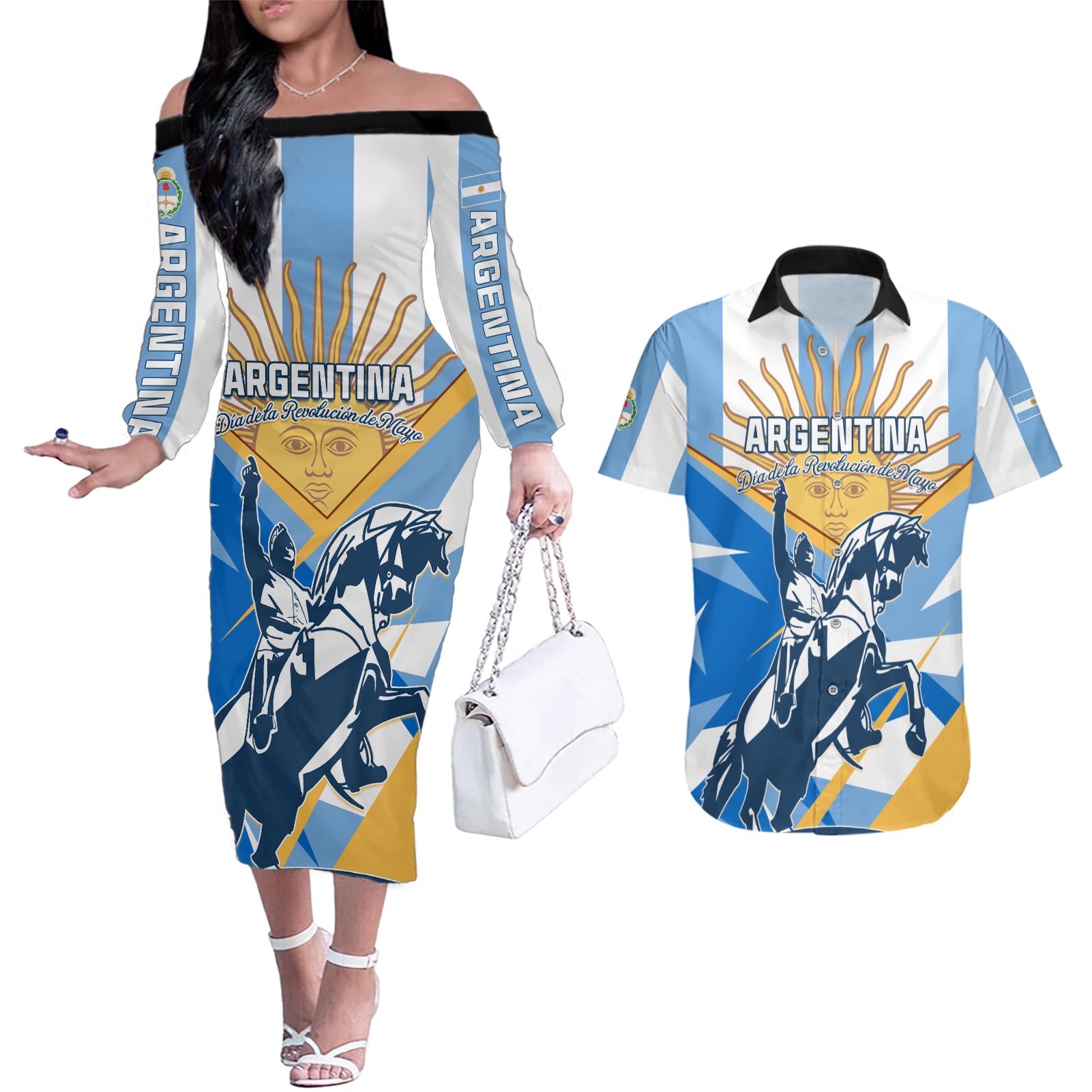 Argentina Revolution Day Couples Matching Off The Shoulder Long Sleeve Dress and Hawaiian Shirt Sol de Mayo Warrior