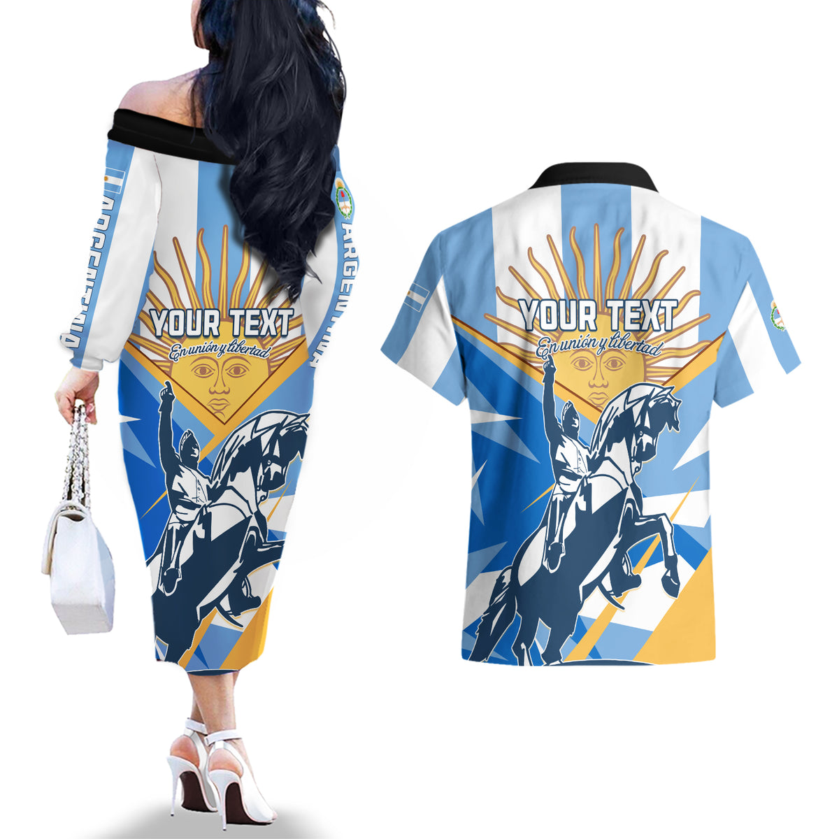 Argentina Revolution Day Couples Matching Off The Shoulder Long Sleeve Dress and Hawaiian Shirt Sol de Mayo Warrior - Wonder Print Shop
