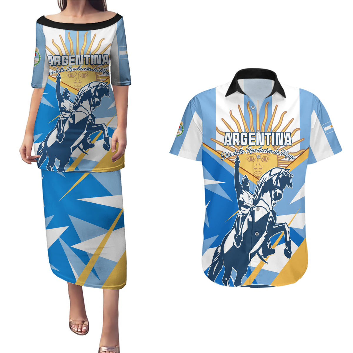 Argentina Revolution Day Couples Matching Puletasi and Hawaiian Shirt Sol de Mayo Warrior - Wonder Print Shop