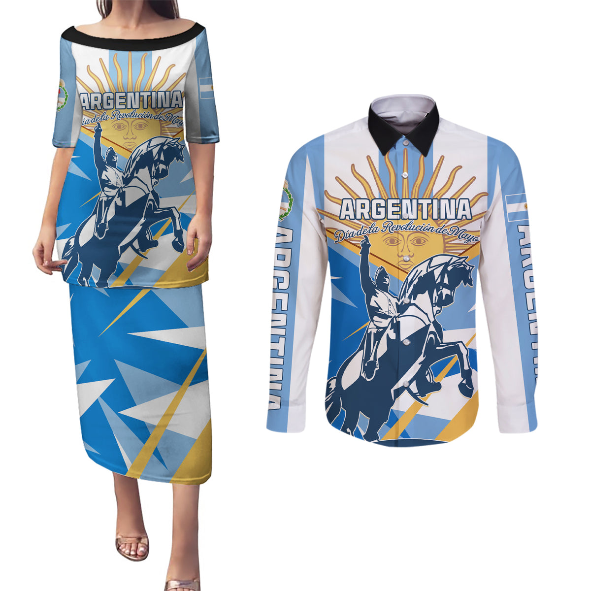 Argentina Revolution Day Couples Matching Puletasi and Long Sleeve Button Shirt Sol de Mayo Warrior - Wonder Print Shop
