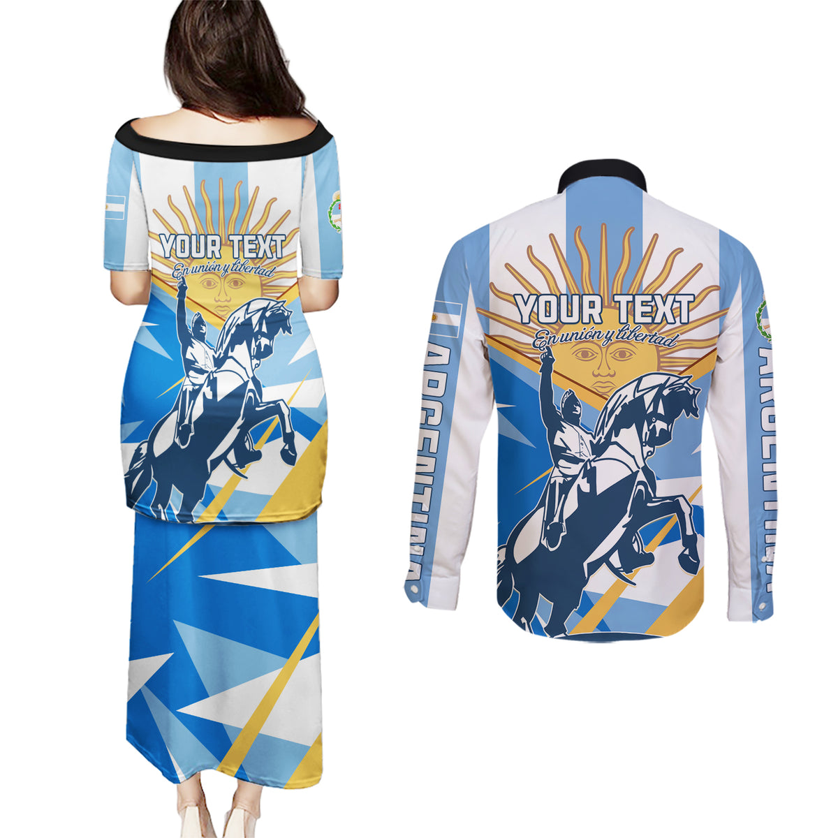 Argentina Revolution Day Couples Matching Puletasi and Long Sleeve Button Shirt Sol de Mayo Warrior - Wonder Print Shop