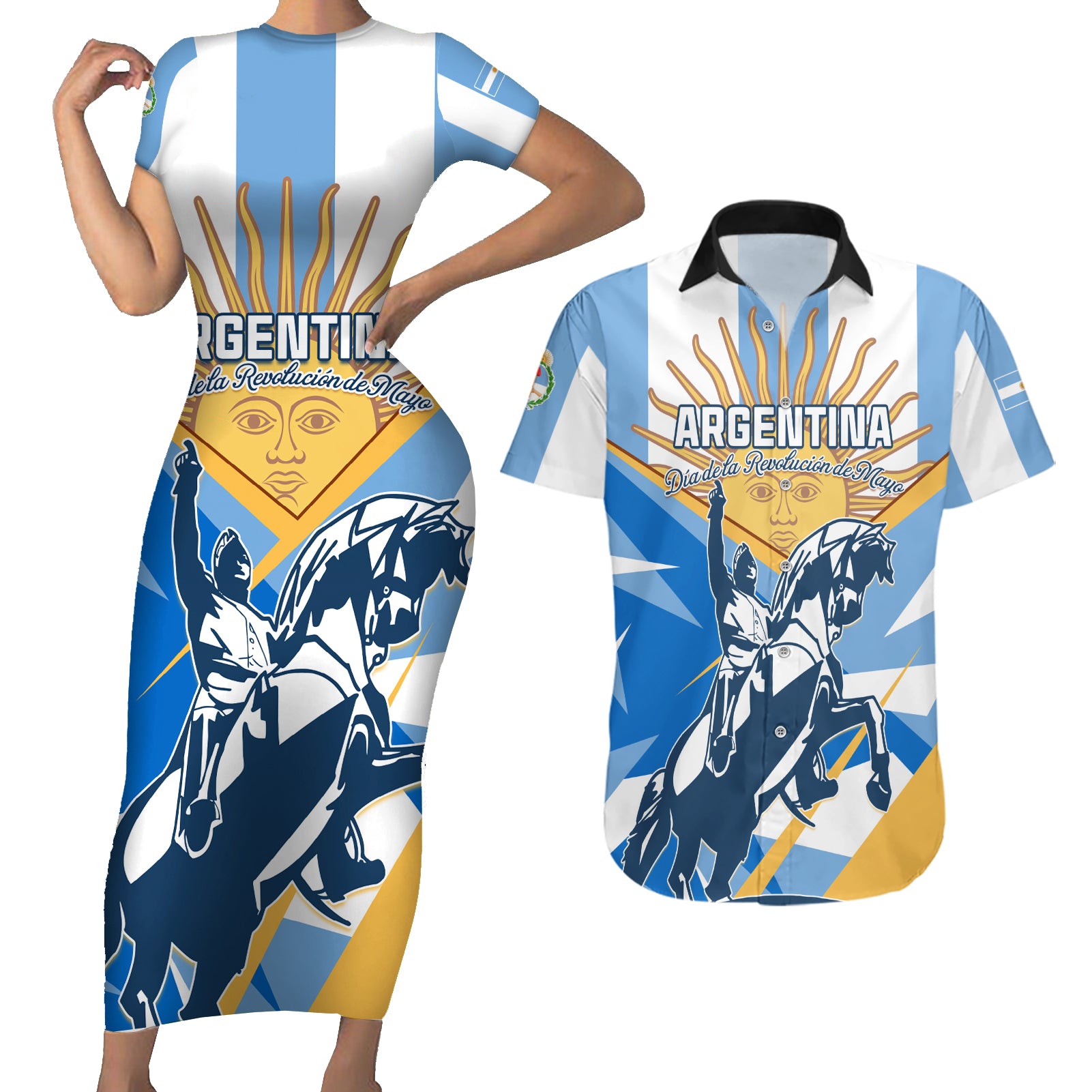 Argentina Revolution Day Couples Matching Short Sleeve Bodycon Dress and Hawaiian Shirt Sol de Mayo Warrior