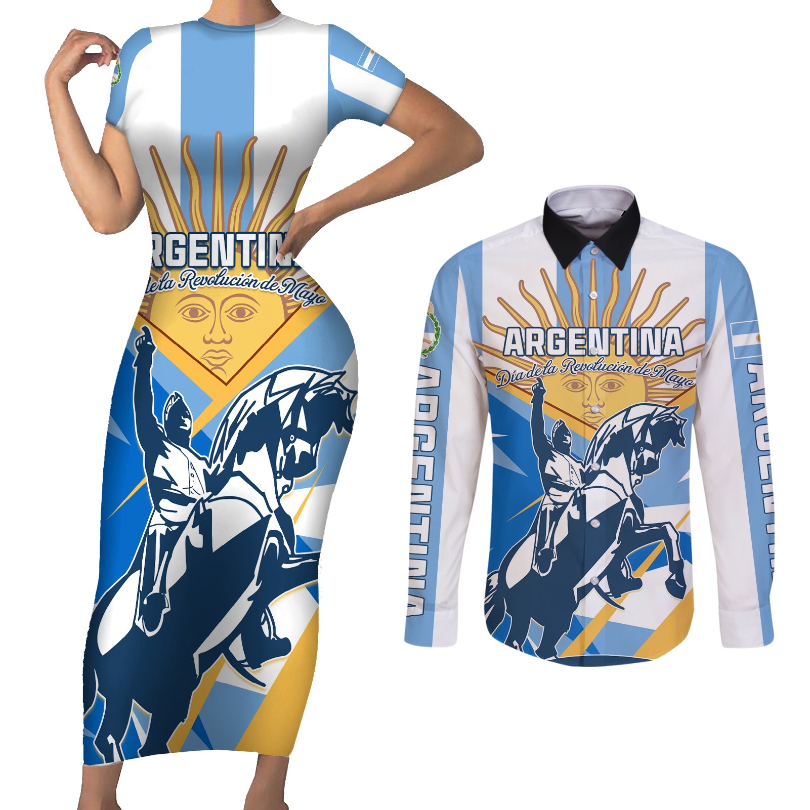 Argentina Revolution Day Couples Matching Short Sleeve Bodycon Dress and Long Sleeve Button Shirt Sol de Mayo Warrior