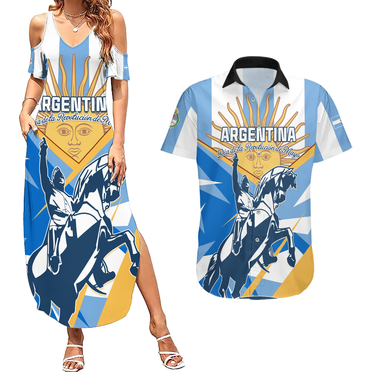 Argentina Revolution Day Couples Matching Summer Maxi Dress and Hawaiian Shirt Sol de Mayo Warrior - Wonder Print Shop