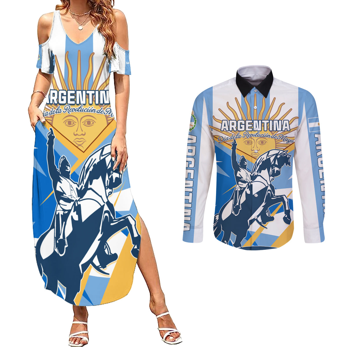 Argentina Revolution Day Couples Matching Summer Maxi Dress and Long Sleeve Button Shirt Sol de Mayo Warrior - Wonder Print Shop