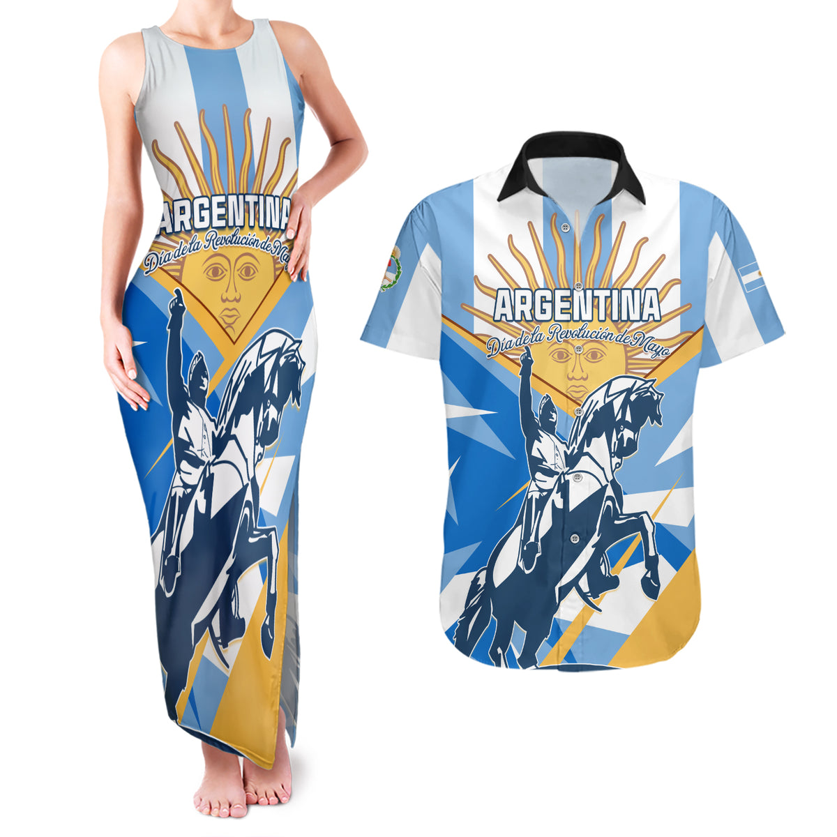 Argentina Revolution Day Couples Matching Tank Maxi Dress and Hawaiian Shirt Sol de Mayo Warrior - Wonder Print Shop