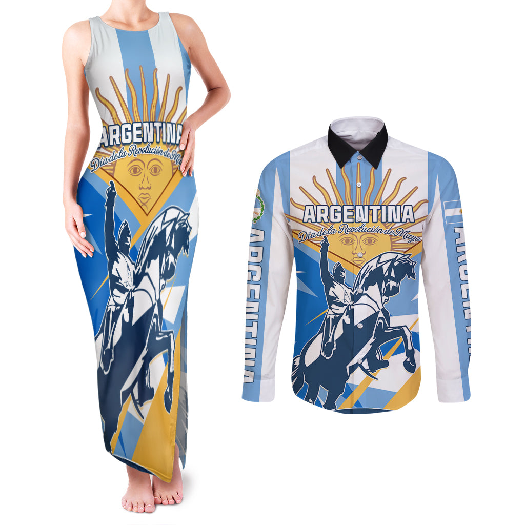 Argentina Revolution Day Couples Matching Tank Maxi Dress and Long Sleeve Button Shirt Sol de Mayo Warrior - Wonder Print Shop