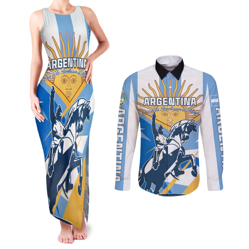Argentina Revolution Day Couples Matching Tank Maxi Dress and Long Sleeve Button Shirt Sol de Mayo Warrior