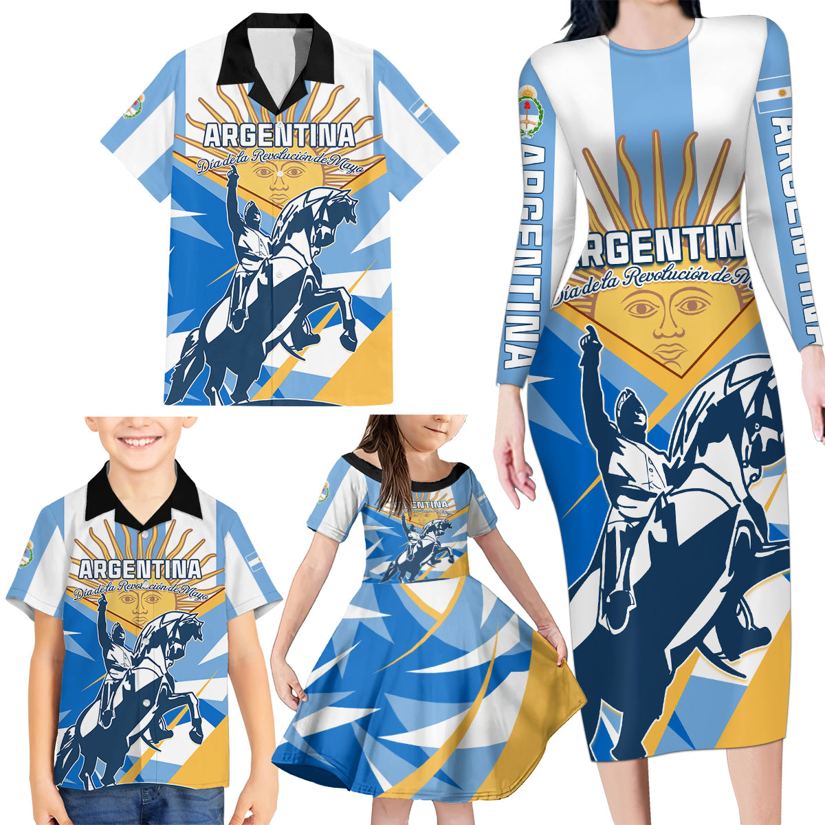 Argentina Revolution Day Family Matching Long Sleeve Bodycon Dress and Hawaiian Shirt Sol de Mayo Warrior - Wonder Print Shop