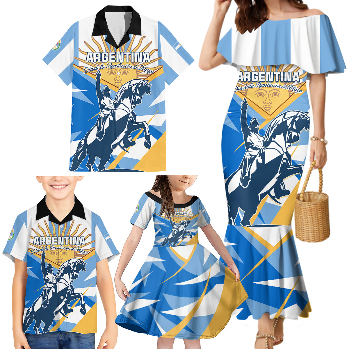 Argentina Revolution Day Family Matching Mermaid Dress and Hawaiian Shirt Sol de Mayo Warrior - Wonder Print Shop