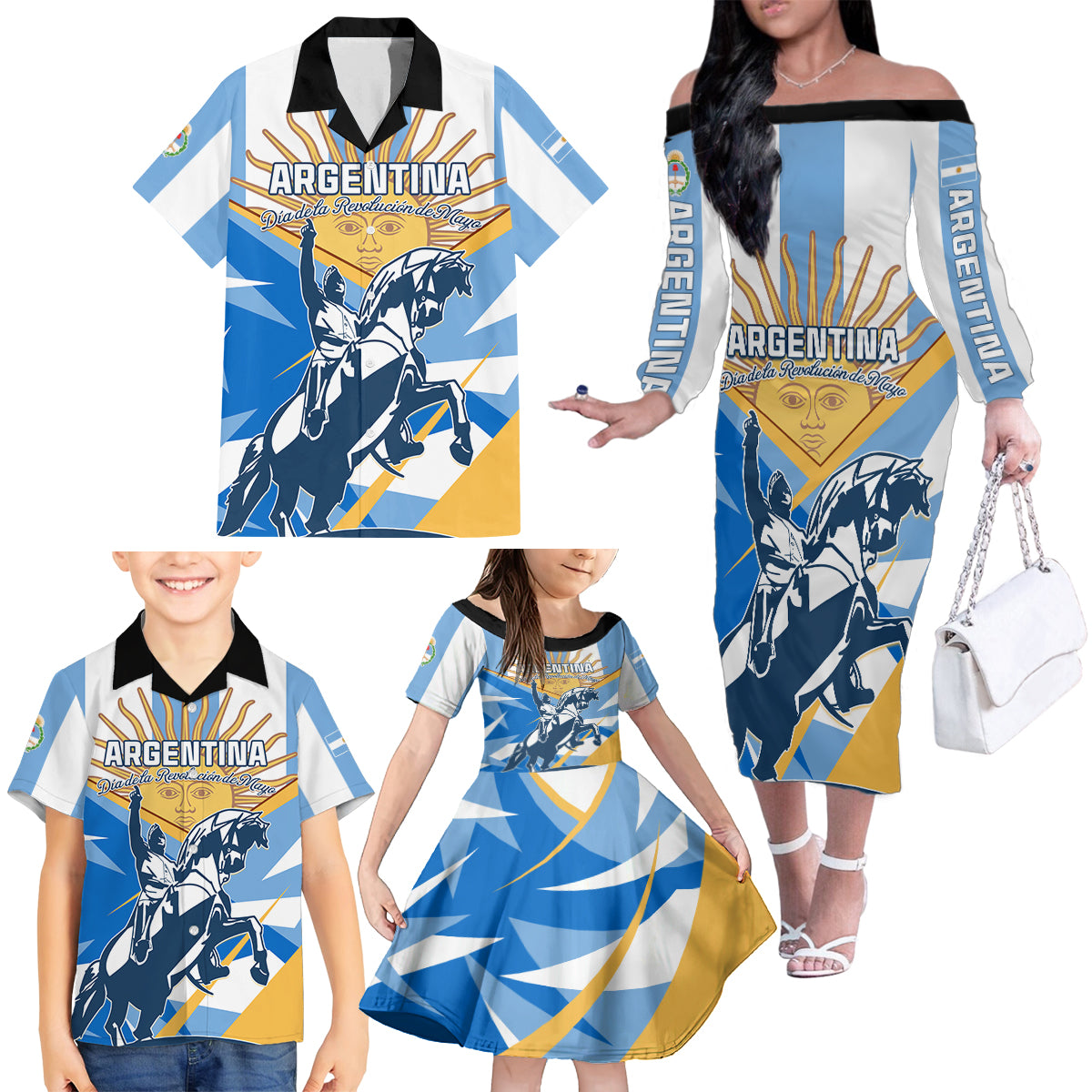 Argentina Revolution Day Family Matching Off Shoulder Long Sleeve Dress and Hawaiian Shirt Sol de Mayo Warrior - Wonder Print Shop