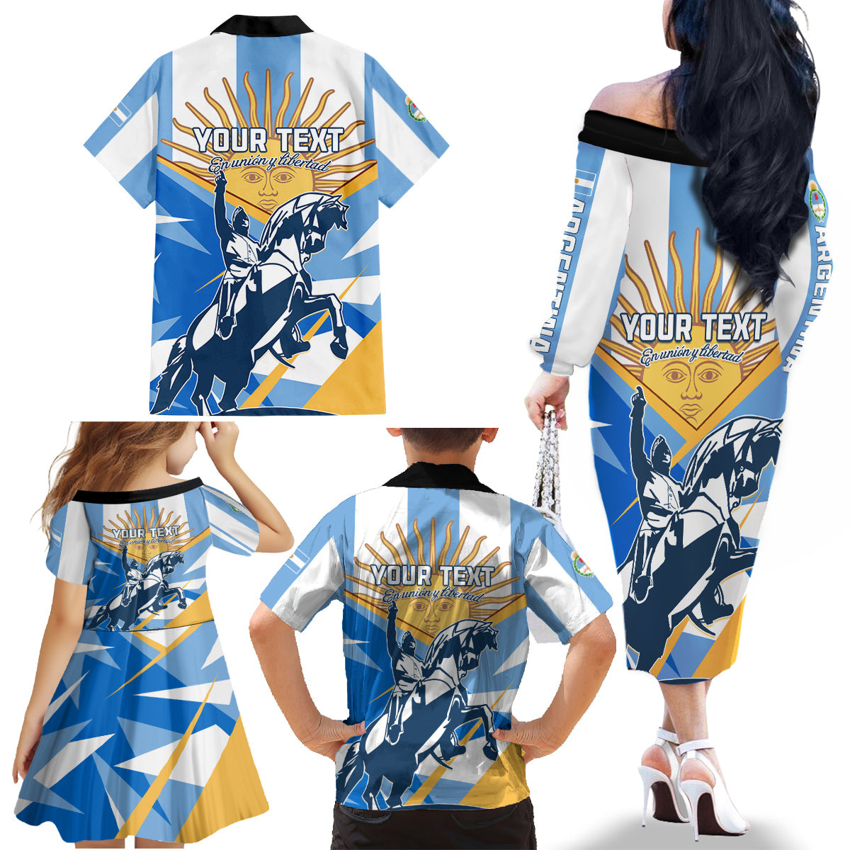 Argentina Revolution Day Family Matching Off Shoulder Long Sleeve Dress and Hawaiian Shirt Sol de Mayo Warrior - Wonder Print Shop