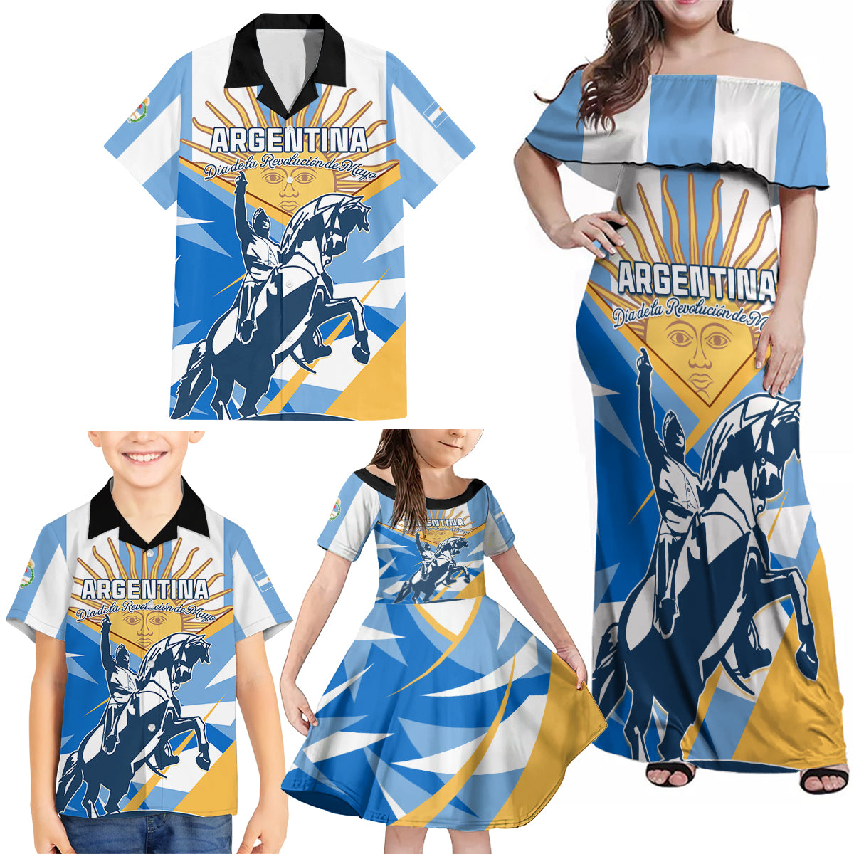 Argentina Revolution Day Family Matching Off Shoulder Maxi Dress and Hawaiian Shirt Sol de Mayo Warrior - Wonder Print Shop