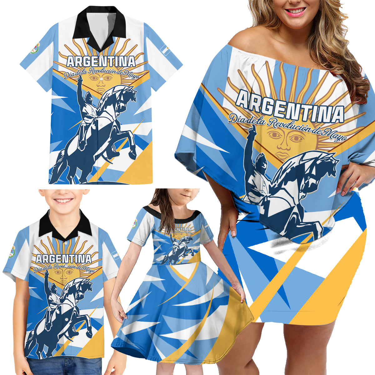 Argentina Revolution Day Family Matching Off Shoulder Short Dress and Hawaiian Shirt Sol de Mayo Warrior - Wonder Print Shop