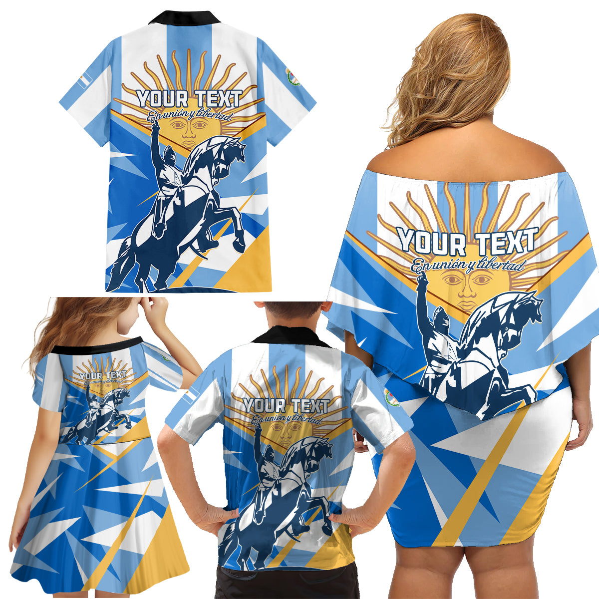 Argentina Revolution Day Family Matching Off Shoulder Short Dress and Hawaiian Shirt Sol de Mayo Warrior - Wonder Print Shop