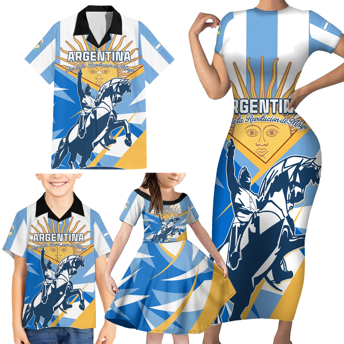 Argentina Revolution Day Family Matching Short Sleeve Bodycon Dress and Hawaiian Shirt Sol de Mayo Warrior - Wonder Print Shop