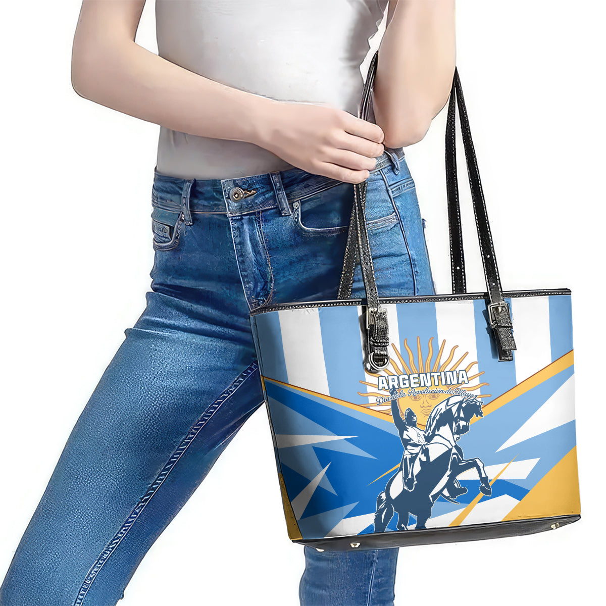 Argentina Revolution Day Leather Tote Bag Sol de Mayo Warrior - Wonder Print Shop
