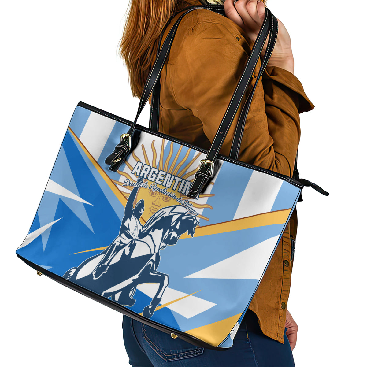 Argentina Revolution Day Leather Tote Bag Sol de Mayo Warrior - Wonder Print Shop