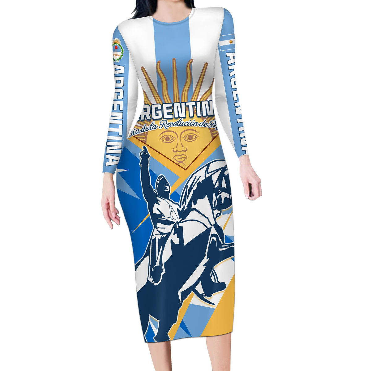 Argentina Revolution Day Long Sleeve Bodycon Dress Sol de Mayo Warrior - Wonder Print Shop