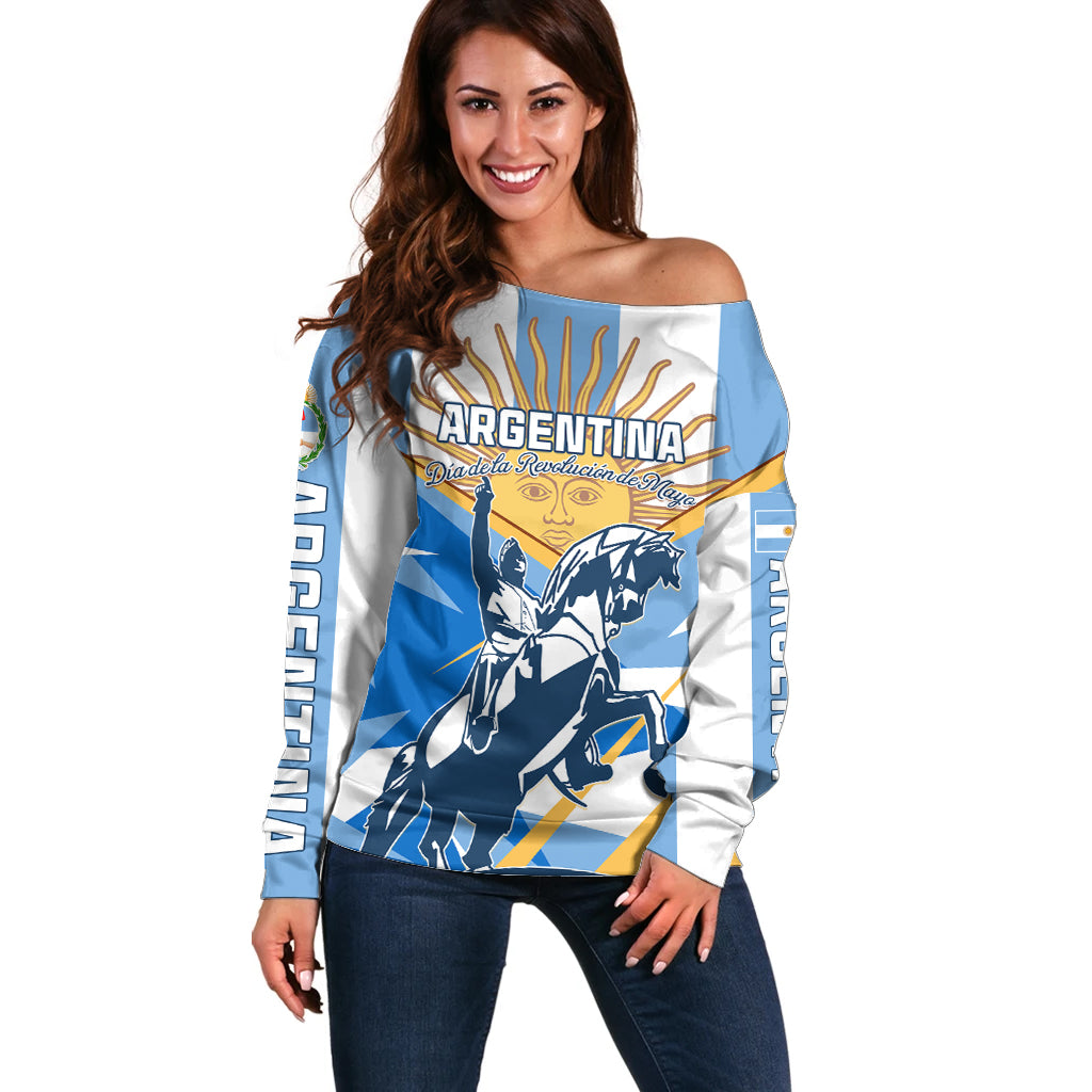 Argentina Revolution Day Off Shoulder Sweater Sol de Mayo Warrior - Wonder Print Shop