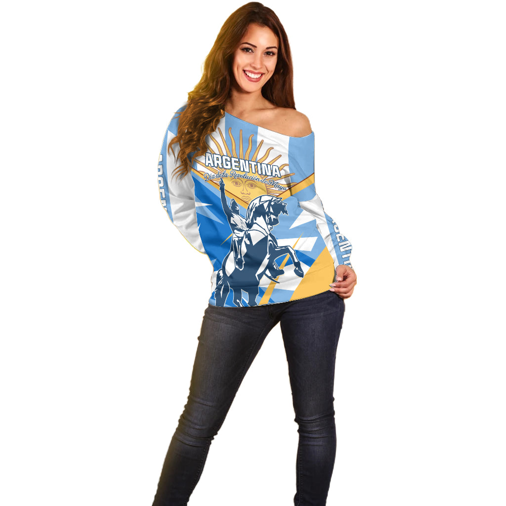 Argentina Revolution Day Off Shoulder Sweater Sol de Mayo Warrior - Wonder Print Shop