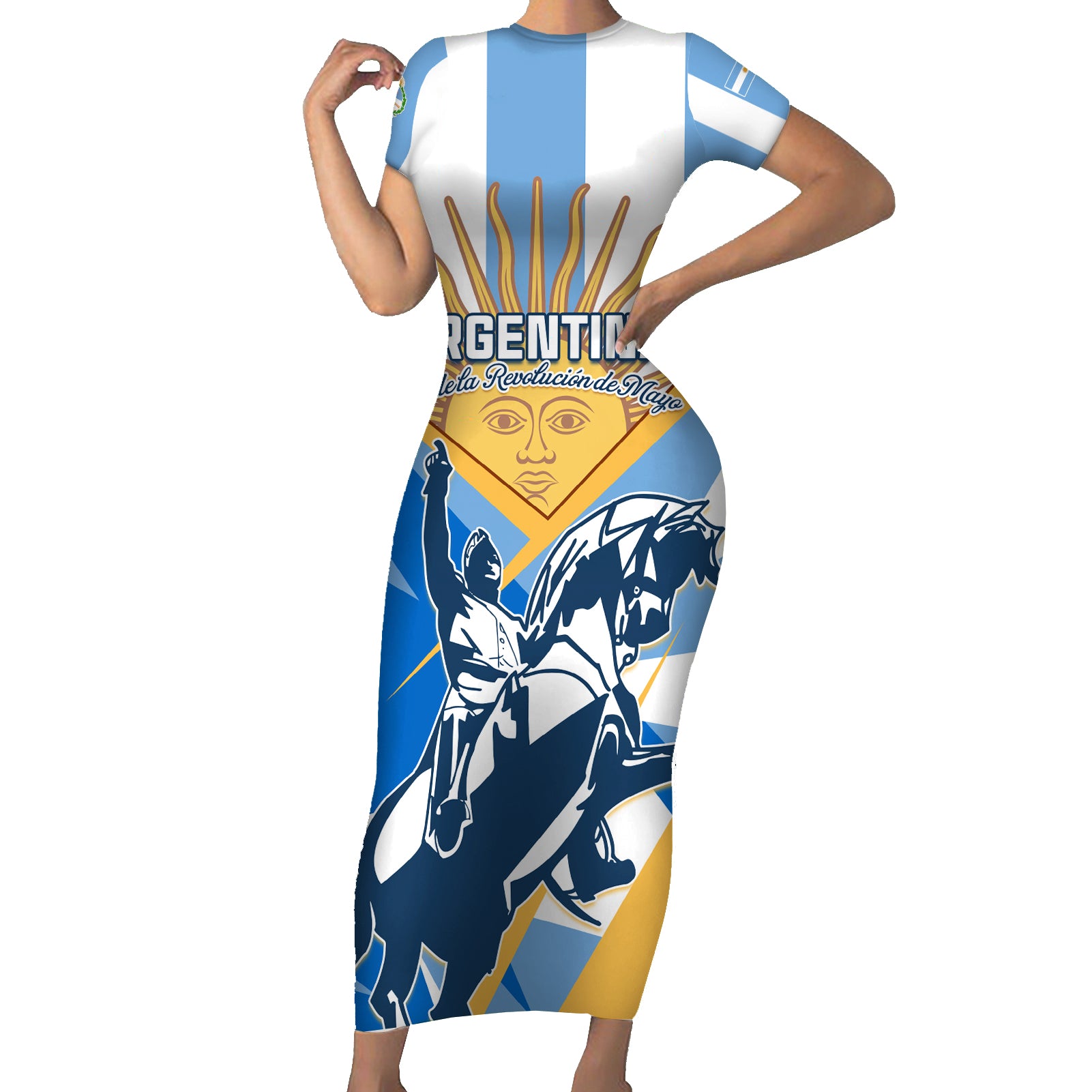 Argentina Revolution Day Short Sleeve Bodycon Dress Sol de Mayo Warrior