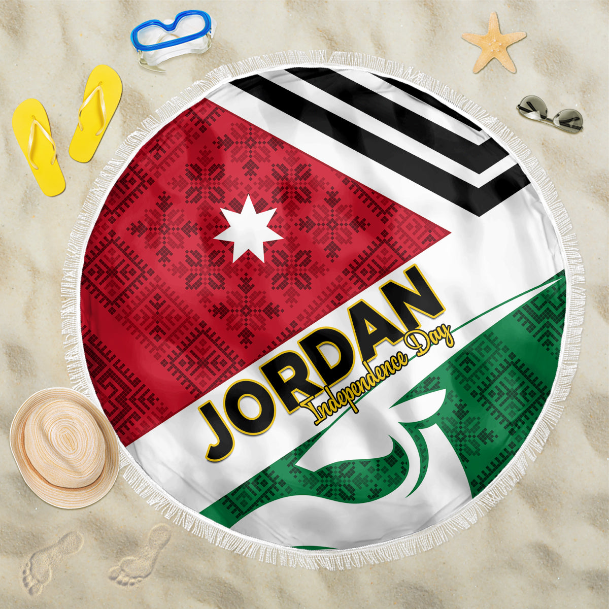Jordan Independence Day Beach Blanket Jordanie Folk Pattern Flag Style - Wonder Print Shop