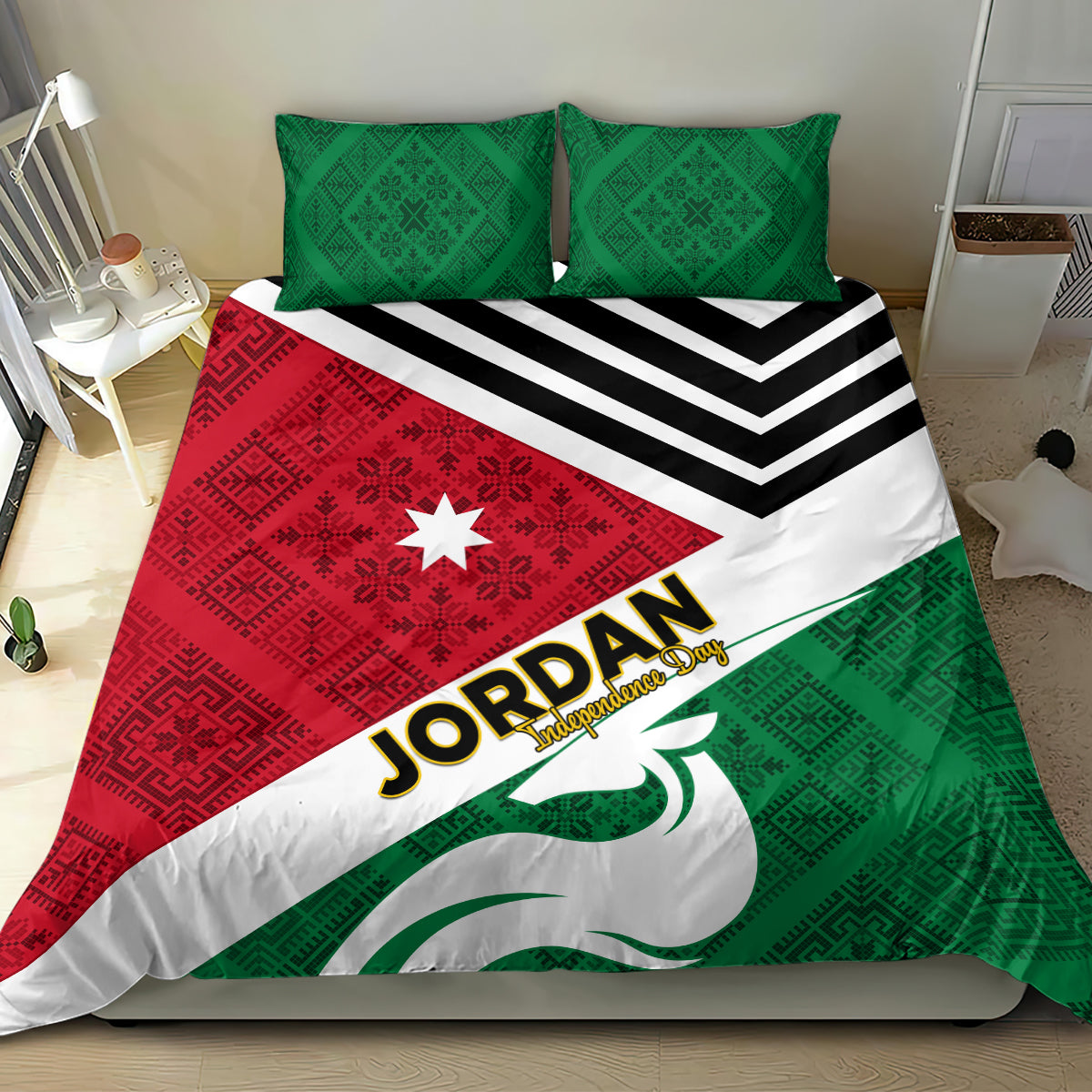 Jordan Independence Day Bedding Set Jordanie Folk Pattern Flag Style - Wonder Print Shop