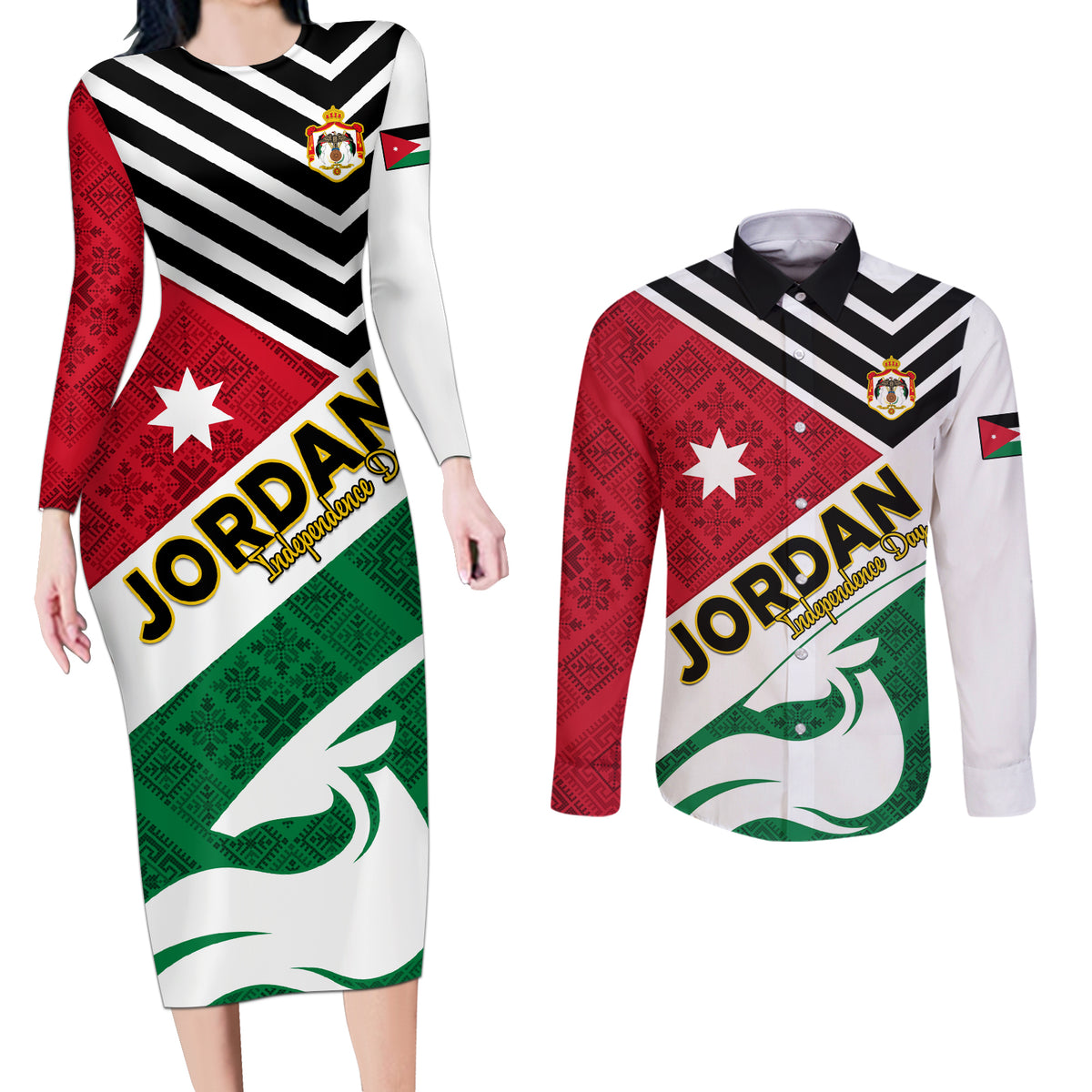 Jordan Independence Day Couples Matching Long Sleeve Bodycon Dress and Long Sleeve Button Shirt Jordanie Folk Pattern Flag Style - Wonder Print Shop